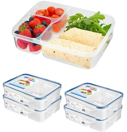 HOMESHOPA Plastic Airtight Compartments Containers with Clip Lock Lids, 4 Pack Food Storage Meal Prep Lunch Box for Kids Adults, Clear Reusable Leak Proof BPA Free Microwave Freezer & Dishwasher Safe