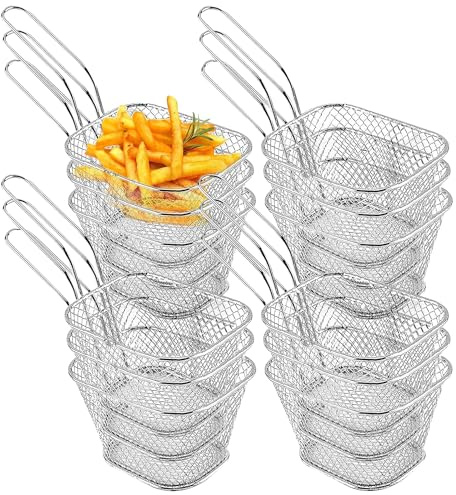 12 Pack Chip Baskets for Serving Fries, Mini Chip Baskets with Handle | Square Chip Serving Basket, Uniform Mesh Deisgn, Food-grade Stainless Steel, for Kitchen Restaurant Cafe Barbecue,Silver