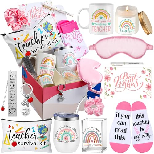 Funnymoom 13 Pcs Teacher Appreciation Gifts Bulk, Teacher Gifts for Women Box Thank You Gift Basket for Teachers Appreciation Week Birthday Graduation Christmas Back to School(Cute)