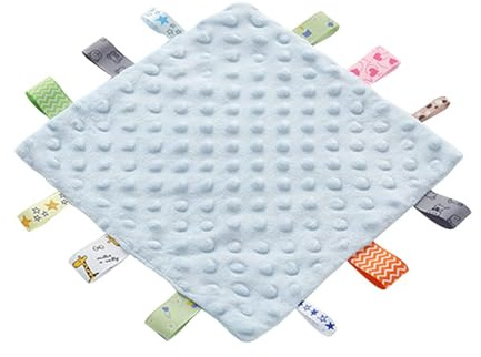 TRHDFW Baby Comfort Blanket with Sensory Tags and Bubble/Heart/Star/Foil Print Pattern (Blue Star)