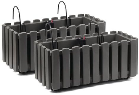 Tymar Blomlåda med hållare i lantlig stil, balkonglåda lamellutseende, planteringslåda på landet, 2-pack, trädgård, balkong, terrass (grå, 40 cm)