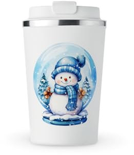 MAXIKIWI - Tasse isotherme à double paroi en acier inoxydable, gobelet de voyage pour café ou thé avec couvercle, garde les boissons chaudes et froides - Bonhomme de neige bleu dans une boule à neige