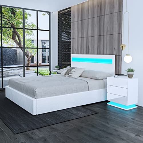 Ottoman Bed, 3ft Single Ottoman Bed with Gas Lift Storage, LED Lights, Faux Leather Upholstery, White