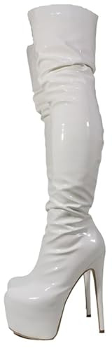 WILDKATZEN Damen Overknees Lack Stiefel Stretch Boots mit Plateau Stiletto Absatz Elastische Damenstiefel Weiß 46 EU