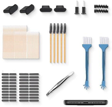 VYZUTR 114 Piezas Kits de Polvo para Teléfono, Teléfono Adhesivo de Red para Altavoz/Cable de Protección de Auriculares de 3,5mm/Tapones de Polvo, Herramienta de Limpieza del Altavoz del Teléfono