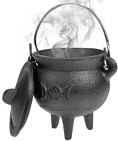 Caldero De Brujas Caldero De Hierro Fundido con Tapa Y Asa Halloween 3.94x2.95x2.95 Pulgadas Caldero Vela Decorativa Quema De Incienso Caldero De Brujería