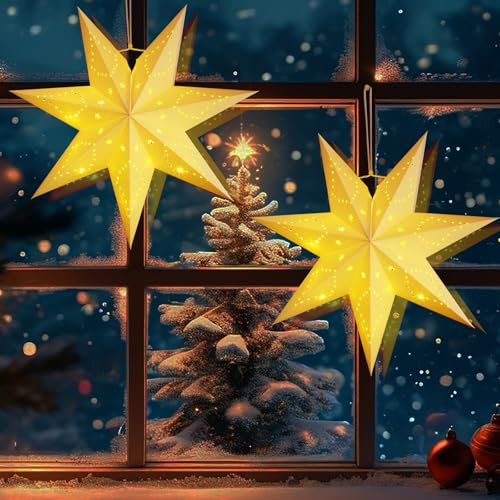 Étoile de Noël 3D à Suspendre, Étoile de Papier avec LED Lumineuse, pour Mariage, Anniversaire et Noël, Décoration de Fête (Blanc, 45cm)