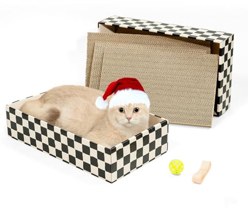 Conlun Katzenkratzbox mit 4 Kratzbretter Katze & 2 Separaten Katzen Kartons & 1 Katzenball, 2-in-1 Kratzpappe für Katzen zum Kratzen & Ausruhen, Katzenspielzeug Set