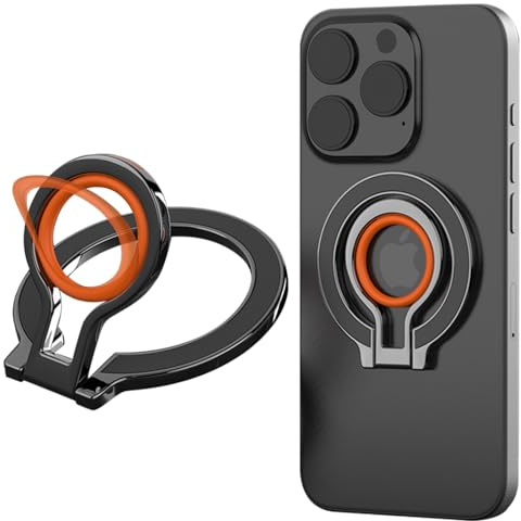 Ysnzaq Phone Magnetic Ring Holder for MagSafe 8D-Black Orange | Two-Sided Magnetic Finger Ring Kickstand With Silicone Finger Grip for iPhone 15/14/13/12 Series & Android Devices