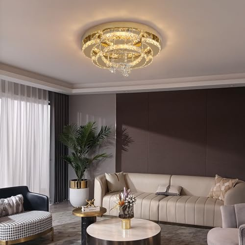 Deckrico Goldlüster 50CM Kristall Deckenleuchte Moderne Flush Mount Hängeleuchte für Esszimmer Wohnzimmer Schlafzimmer, Variable Licht