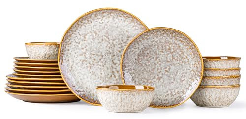 Set da tavola per 6,18 pezzi in gres porcellanato con bordo ondulato, resistente a scheggiature e graffi, set di stoviglie da forno, lavastoviglie e microonde