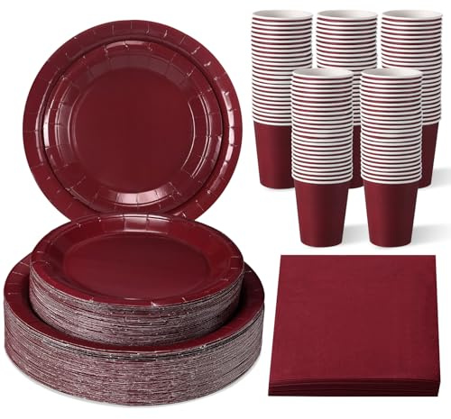 Tioncy 200 piatti di carta usa e getta, bicchieri e tovaglioli, colore rosso bordeaux, per 50 ospiti, set di stoviglie di carta usa e getta per compleanni, matrimoni, baby shower, picnic in famiglia