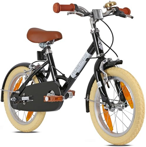 PROMETHEUS BICYCLES Bicicletta Retrò per Bambini 4 Anni Ragazzo Bicicletta per Bambina 14 Pollici PETITAGE Bicicletta per Bambini 3 a 5 Anni in Nero