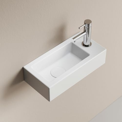 EMKE Aufsatzwaschbecken 365 x 180 x 90 mm - Kompaktes und elegantes Waschbecken für kleine Badezimmer und Gäste-WC - Armatur rechts, Wandmontage, Weiß glänzend
