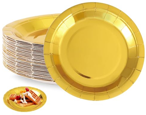 Dilireba 50 Pièces Assiettes à Dessert Or, Assiette Anniversaire, 7 Pouces/18cm Assiettes en Carton, Assiettes Dorées, Jaune Papier Assiette pour Fêtes, Noël, Mariages, Anniversaires