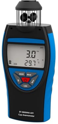 TIEOAXFT Anémomètre numérique 0,3~42 m/s, Vitesse du Vent Bluetooth, Volume d'air Moyen CVC, Altitude CFM, barométrique, 8806-WM-APP