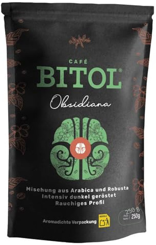 BITOL | Café Molido Intenso Sabor Fuerte | Perfil Ahumado, Mezcla de Granos Arábica y Robusta, Tueste Oscuro, Energía Natural Diaria | Origen Múltiple a Gran Altitud | Para Cafeteras | OBSIDIANA, 250g
