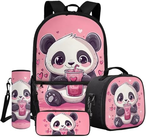 DNGKAOJE Little Girls Shool Backpack Set Cute Panda Schoolbag for Kid Girls Boys 4-6 Years Old,Animals Panda Print Bookbag with Lunch Box Pencil Holder Water Bottle Carrier Children Back to School Bag