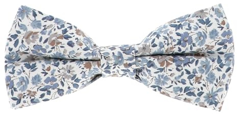 Krawatte und Fliege für Herren und Jungen – Kostümtasche – Manschettenknöpfe Blau und Beige – Stoff Baumwolle mit Blumenmuster – Hochzeit Champetre Thema Floral, Fliege für Herren, 6 cm x 12 cm