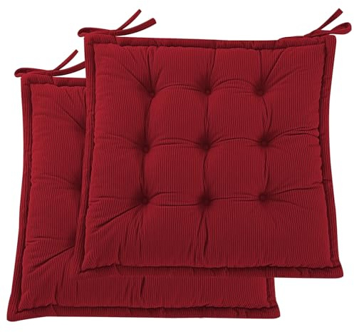 PRIMEPATIO Indoor Sitzkissen Stuhl 2er Set – Komfortable Cordstoff-Sitzmatte Stuhlkissen mit Bändern, Hochwertige Füllung, Ideal für Esszimmer, Büro, Wohnzimmer, Outdoor Gartenstuhl, 50x50x7, Rot