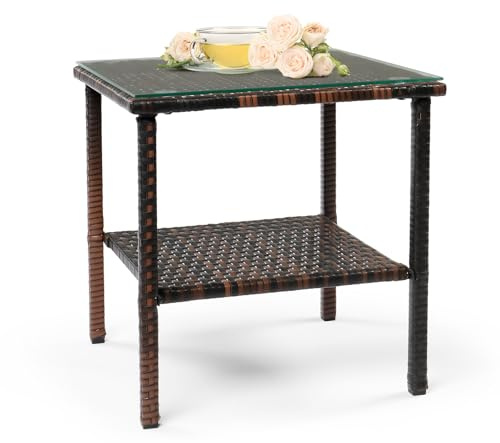 VINGLI Outdoor Wicker Side Table Patio Side Tables for Outside, Tempered Glass Top Wicker Table with Storage End Table for Patio Balcony Porch Deck (Brown)