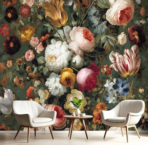 Tulipán Peonía Papel Tapiz Fotográfico Efecto 3D, Barroco Vintage Papel Pintado Verde Oscuro Fotografía Mural, 200X140Cm Pared Pintado Fotomural Dormitorio Sala Mural Decoración