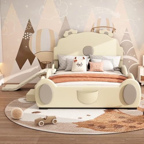 Letto imbottito 140x200 beige con orsetti in PU e MDF, con scivolo e scala, imbottitura morbida, facile da pulire, design giocoso per camera da letto o zona relax
