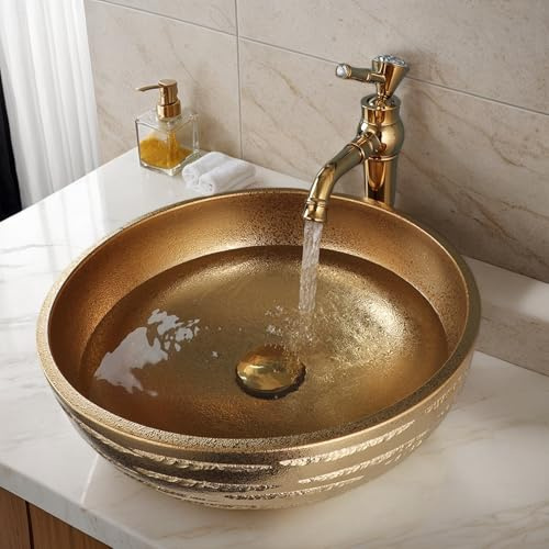 kiciykc Gold Hand Carved Bathroom Sinks Round Countertop Basin Ceramic Vessel Sink with Gold Tap and Pop-up Waste Set, Bathroom Basin Sinks, 400x400x155mm