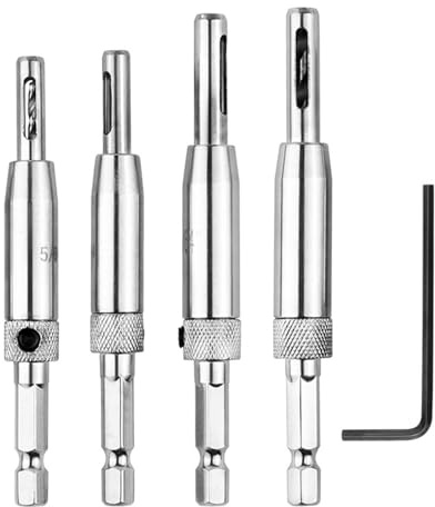 4 Pcs Hinge Drill Bit Set, Shank Hinge Drill Bit Guide Set, Aluminium Alloy Self Centering D-rill Bits with Hexagonal Spanner for Door Window Cabinet, Hin-ge Pi-lot Hole D-rill Bits