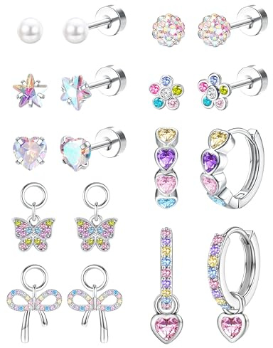 Ohrringe für Mädchen Damen - Hypoallergen Ohrringe Chirurgenstahl Kinder Silber Medizinische Ohrstecker Rosa Kinderohrringe Blume Stern Herz Sleepers Ohrring Set Mehrfarbige Knorpel Piercing Ohr