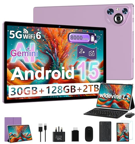 JUSYEA 2026 Tablet 10 Inch Android 15, 30GB RAM+128GB ROM/TF 2TB, 8000mAh, Parental Control, 8-Cores, Gemini AI/Widevine L1, BT5.0, 8MP+5MP, WIFI 6, Tablets Mouse and Keyboard Set-Purple