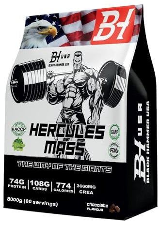 HERCULES Mass Gainer – hochkalorischer Weight Gainer für Muskel- & Masseaufbau | Protein-Kohlenhydrat-Shake | Post-Workout Recovery – Black Hammer USA (8000G, Schokolade)