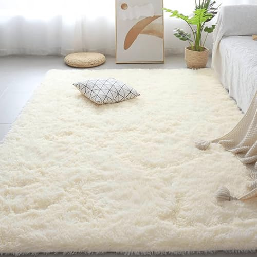 DYINDUN Flauschiger Hochflor Teppich 80 x 100 cm Superweich Flauschig Büro Klein Tepich Waschbar Und rutschfest Fürs Wohnzimmer, Kinderzimmer, Schlafzimmer Und Die Küche Geeignet, Creme Farben
