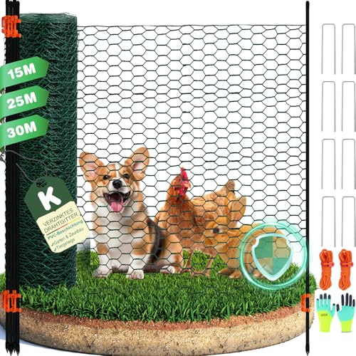 Valla Móvil para Perros y Pollos 120 cm Alto, Malla Metálica Revestida,15m/25m/30m, con Varillas Macizas de Fibra de Vidrio, Valla de Enclavamiento para para Perros Pequeños y Medianos Jardín Camping