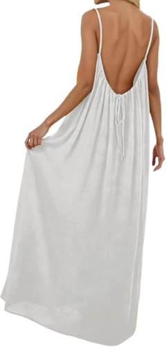 YBEBEWE Ladies Summer Dresses Cami Lounge Dress Backless Casual Lounge Solid Color Sleeveless House Dress Long Sundress with Adjustable Back Tie White