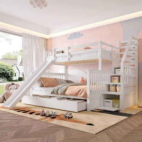 YEHTOKHOME Lit superposé Multifonctionnel 90/140 x 200 cm avec 2 tiroirs et échelle de Rangement,Moderne lit en Bois pour Adolescent avec Toboggan et Garde-Corps(sans Matelas) (Blanc)