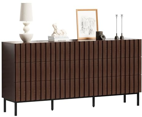 UEV Byrå 9 lådor 150 cm, smal byrå, stort förvaringsutrymme, skåp med rymligt tak, för vardagsrum, sovrum, metallben, 150 x 34 x 72 cm, valnöt