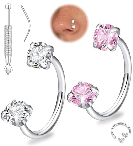 Maynor 2PCS Hufeisen Nasenring Set Damen, Nasenpiercing Ring mit CZ Stein 18G/20G Chirurgenstahl Piercing Schmuck für Nase, Helix, Tragus, Lippe (6–8 mm, Gold/Silber) inkl. Werkzeug
