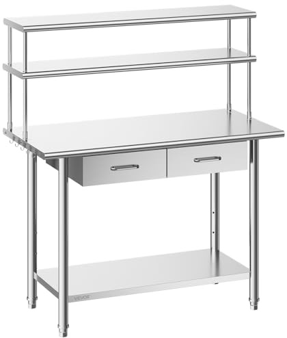 VEVOR Tavolo da Lavoro per Cucina, Tavolo per Preparazione da Cucina 1220 x 610 x 1400 mm in Acciaio Inox con Cassetti Ripiani Portaoggetti, Piano Carico max 245 kg, Ristorante, Hotel, Supermercato