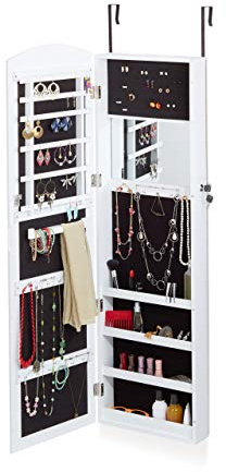 Relaxdays Schmuckschrank mit Spiegel, Spiegelschrank hängend für Tür, Aufbewahrung Ohrringe, HxBxT 124x36,5x10 cm, weiß