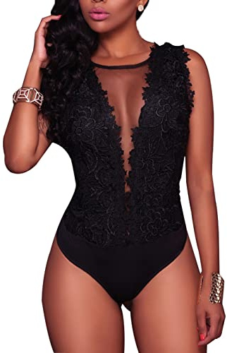 Body et Combinaison Femme Sexy Col V Justaucorps Dentelle Dos Nu sans Manches ou Elégant à Manches Longues, Noir, L