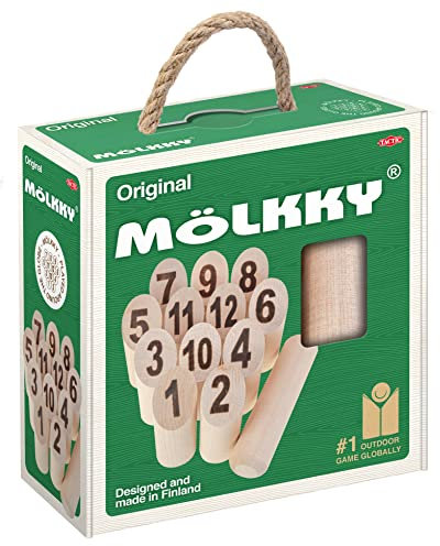 Mölkky Go - leichtes Birkenholz, 12 Skittles, 1 Stock mit Karton - Wurfspiele für Draußen, Garten, Picknick, Strand, Freizeit, Party - Mölkky Spiel für Familie, Gruppen