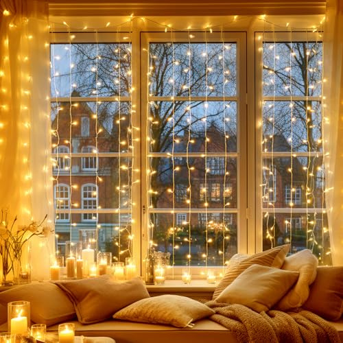 Avoalre 6M x 3M Lichtervorhang 600 LEDs innen Lichterkette | Erweiterbar max.5 Sätze Vorhang 8 Modi Lichterketten IP44 für Außen innen Weihnachtsdeko Party Fenster hochzeit - Warmweiß