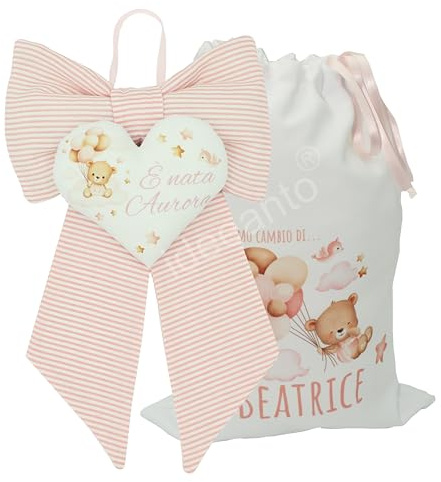 Set fiocco nascita + sacchetto sacca primo cambio neonato personalizzato con nome e frase Made in Italy (Bimba)