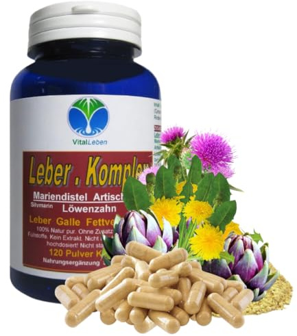 Leber Kur & Gallenfluss Komplex 120 Kapseln MARIENDISTEL ARTISCHOCKE LÖWENZAHN - FETTVERDAUUNG anregen, zum Schutz der Leberzellen beitragen. 100% NATUR pur. OHNE Zusatzstoffe. 26535-120