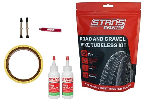 Stan's NoTubes - Road & Gravel Bike Tubeless Set Up Kit Includes 10yd Rim Tape, 55mm Brass Valves with Removable Valve Core & 2X 59ml Bottles of Sealant