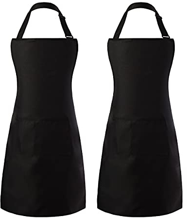 Tosewever 2 Pack Adjustable Bib Apron, Waterdrop Resistant Aprons with 2 Pockets Cooking Kitchen Restaurant Aprons for Women Men Chef, BBQ Drawing Crafting Outdoors (Polyester-Black, 2)