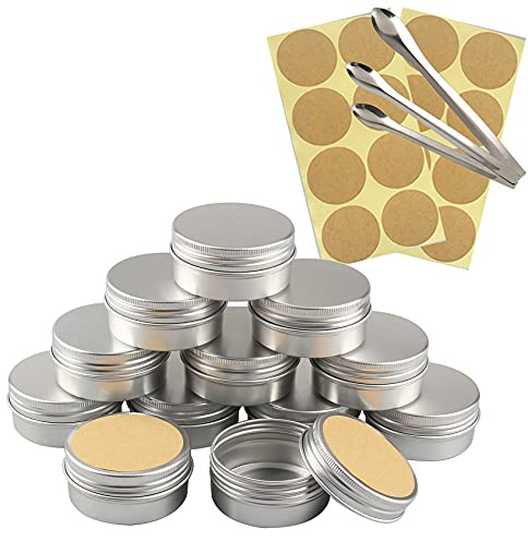 TIANZD 50 Stück Leere 50 ml Rund Silber Aluminium Tins Schraubdose Cremedose Alu-Tiegel Dosen mit Schraub-Deckel 5ml Aludose Blechdosen für Kosmetik Kerze Salben 3x Löffel, 50x Etikette