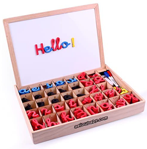 Lettere e numeri magnetici Montessori | Legato Cursive Mobile Legate. Maiuscole, minuscole e cifre in gomma EVA | Lavagna reversibile e scatola di legno | Gioco educativo Imparare a leggere e scrivere