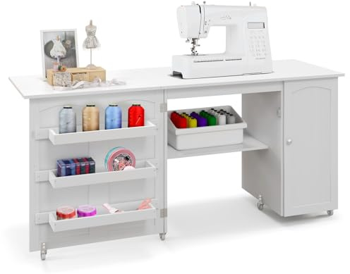 GIANTEX Nähtisch klappbar, Nähschrank auf Rollen, Nähmaschinentisch Nähtisch für Nähmaschine, Nähmaschinenschrank mit Arbeitsplatte & Ablagen & Tür, Mehrzwecktisch Basteltisch Holz 158,5x50x74cm
